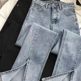 Women's Jeans Yitimoky Streetwear Elastic denim Split Glitter Jeans Women's High Waist Retro Blue Jeans Women's Grey Bell Bottom Jeans Women's Y2k 230404