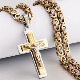 Religious Men Stainless Steel Crucifix Cross Pendant Necklace Heavy Byzantine Chain Necklaces Jesus Christ Holy Jewelry Gifts Q112287o