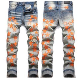 Mens Jeans Style AM Brand Orange Star Patched Ripped High Street Stretch Slim Denim Pants Retro Blue Trousers Male 230404