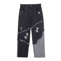 Men's Pants Tassel Black Jeans Baggy Straight Wide Leg Cargo Man Streetwear Harajuku Style Vintage Washed Ripped Denim Trousers 230403