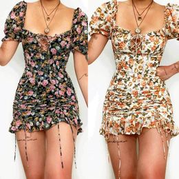 Party Dresses 2023 Summer Sexy Beach Mini For Women Floral Printing Slim Boho Dress Female Short Sleeve Ruffle Robe Femme Gxy1289