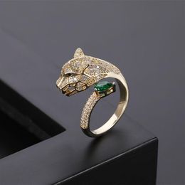 Fashion personality leopard head design gold zircon wedding ring men and women open ring fashion Jewellery whole263K