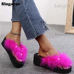 Women Sexy Flip Flops Girl Outdoor Faux Fur Slippers Cool Slides Furry Sandals Platform Korean Summer Thick Sole Shoes T231104