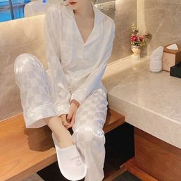 Women s Sleepwear Pajamas Silk Long sleeved Suit Jacquard Plaid High grade Ice Can Be Worn Outside Home Wear 230404