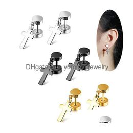 Dangle & Chandelier Titanium Steel Dumbbell Cross Design Stud Earrings For Men Women Punk Crucifix Double Sided Screw-Back Hypoallerge Dhyls