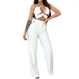 Women's Two Piece Pants Women's Suit 2023 Summer Solid Colour Sexy Neck Hanging Sleeveless Cut Top Casual Straight Two-Piece