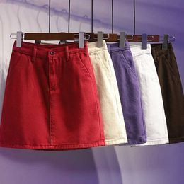 Skirts 2022 Spring Summer Plus size S- 5XL Women Denim Skirt White Black Red High waist Ladies Casual Bag hip A-line Short Jeans Skirts P230403