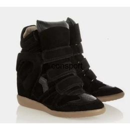 Isabel Sale-black Genuine Designer Bekett Leather-trimmed Hot Suede Wedge Sneakers Women Fashion Show Paris New Shoes
