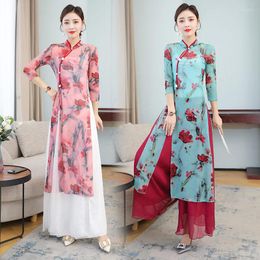 Women's Two Piece Pants Print Chinese Style Women's Summer 2023 Mother's Clothing Classical Dance Gauze Improved Cheongsam Set