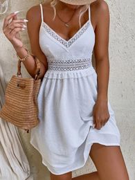 Casual Dresses White Lace Mini Dress Women Summer Sexy V Neck Spaghetti Strap Ladies Fashion Hollow Out Backless High Waist Beach