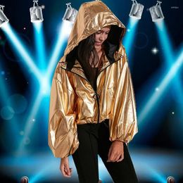 Women's Jackets Hooded Lantern Sleeve Crop Top Jacket Women Girls Yuppie Hip Hop Heap Golden Party Costume Disco Vintage