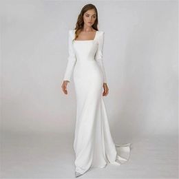 Casual Mermaid Wedding Dress for Women 2023 Bride Square Neck Backless Long Sleeve Crepe Simple Bridal Gowns Robe de Mariee