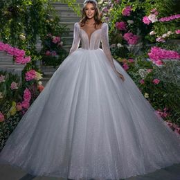 Vintage Glitter Wedding Dress 2023 Princess Long Sleeves Deep V-Neck Shiny Bridal Gowns Pageant Sparkly Illusion Back Vestidos De Noiva