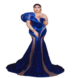 2023 Arabic Aso Ebi Royal Blue Mermaid Prom Dress Sequined Lace Evening Gowns Crystals Birthday Engagement Second Gown Dress Women Formal Wear WD045