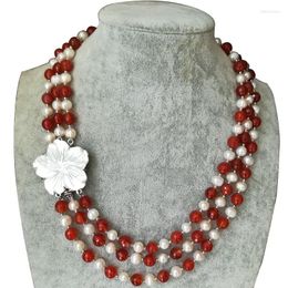 Chains 17-19 Inches Three Rows 8-9mm Natural Round Freshwater Pearl And Carnelian Beads Necklace With Shell Flower Clasp