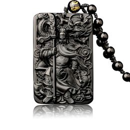 Natural Obsidian Pendant with Beads Chain Dragon Guan Gong Guan Yu Hold Broadsword Knight Pendant Necklace for Men women Jewelry 2223R