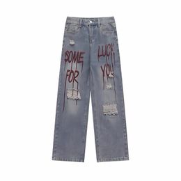 Mens Jeans Blue Punk Baggy For Men Straight Leg Oversized Pants Letter Print Streetwear Y2k Vintage Hip Hop Ripped Denim Trousers 230404