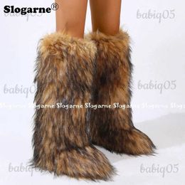 2023 Girls Winter Thigh Fluffy Ladies Furry Faux Fox Long Warm Shoes Women New Designer Plush Knee High Fur Boots T231104