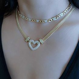 Fashion Gold Cuban Link Chain Choker Necklace Love Heart Punk Silver Color Cubic Zirconia Collar Necklace For Women Jewelry Gift X211W