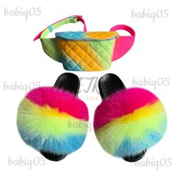 Slippers Women fur slippers with bags Fluffy Real Fox Hair Slides Furry Sandals Ladies Rainbow PVC Jelly Wallet Travel Shoes Bag Set T231104