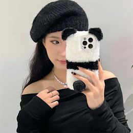 Phone Case Kawaii cartoon artificial plush fluffy panda phone case suitable for iPhone 15 12 14 Pro Max 11 soft silicone shock cover 231104