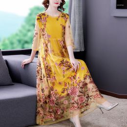 Casual Dresses L-5XL Clothing Noble Lady Heavy Industry Embroidery Mesh Dress Summer Fashion Korean Loose Yellow For Women Party H786