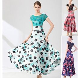 Stage Wear Ballroom Dancewear Smooth Dress Green Red Black Short Sleeve Flower Print Adult Women 9076