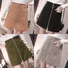 Skirts 2023 Women Autumn Winter Tight Suede Skirt Fashion High Waist Zippers Front Pockets Mini A-Line Casual Straight