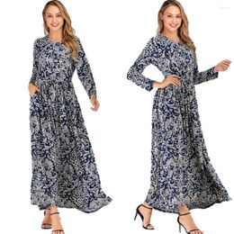 Ethnic Clothing Vintage Muslim Dress For Women Abaya Floral Print Maxi Kaftan Jilbab Party With Pockets Islamic Casual O-neck