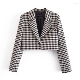 Women's Suits Chic Office Lady Plaid Short Blazers For Women Elegant Stylish Coats 2023 Long Sleeve Single Button Slim Blazer