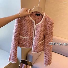 Women's Jackets Elegant 2023 Tweed Coats Women O Neck Long Sleeve Pink Autumn Woven Jacket Female Fashion Outwear