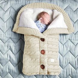 Sleeping Bags Baby Winter Warm Infant Button Knit Swaddle Wrap born Stroller Thicken Toddler Blanket 230404