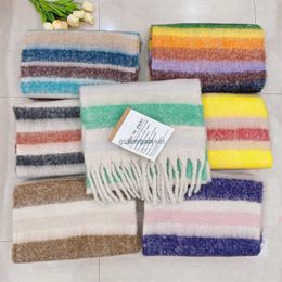 Scarves the New Version of Ac Japan and South Korea Universal Horizontal Bar Rectangular Plaid Tassels Warm Thickened Rainbow Net Red ScarfI6W6