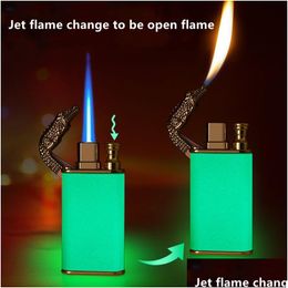 Lighters New Torch Luminous Lighter Jet Gas Butane Inflatable Windproof Cigarette Lighters Double Flame Creative Smoking Accessories G Dh8Rc