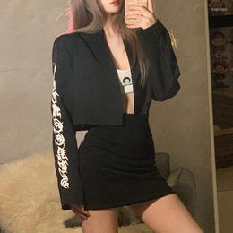 Women's Suits Gothic Reflective Print Crop Blazer Short Suit Jacket Women Black 2023 Fashion Lapel Solid Goth Punk Emo Blazers