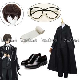 Cosplay Dazai Osamu Wig And Costume Full Set Uniform Suit Bungou Stray Dogs Cosplay Coat Custom Made Leather Shoes Glasses Props