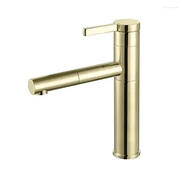 Bathroom Sink Faucets Bright Golden Basin Faucet Pull-out Retractable And Cold Copper Household Wash Light Luxury