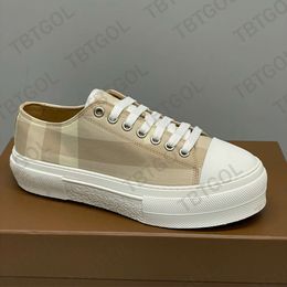 Vintage Print Cheque Sneakers Designer Casual Shoe Men Two-Tone Cotton Gabardine Flats Shoe Printed Lettering Plaid Calfskin Canvas Trainers With Box Burbarry 909