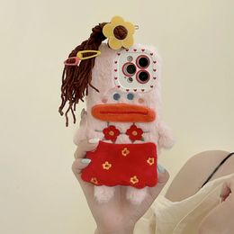 Phone Case Plush Strange Woven Red Blossom Sausage Oral Women's iPhone 14 13 12 Pro Max Plus Xr Shock Protection Cover 231104