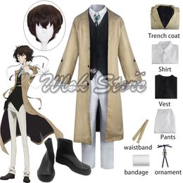 Cosplay Anime Bungou Stray Dogs Dazai Osamu Cosplay Costume Long Jacket Coat Suit Adult Men Halloween Carnival Party Outfits Wig Shoes