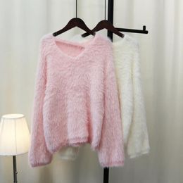 Women's Sweaters Soft Faux Mink Cashmere Sweater Pullovers Women Korean Style Loose Knitted Jumpers Autumn Winter Elegant V Neck Female
