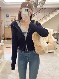 Women's Knits Casual Women Navy Hooded Knit Cardigan 2023 Autumn Fashion Ladies Double Opening Zipper Sweaters Female Chic Long Sleeve Tops