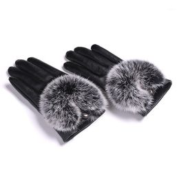 Five Fingers Gloves 2023 Screentouch Leather Female Winter Lovely Rex Fur Genuine Lambskin Sheepskin Real Mittens