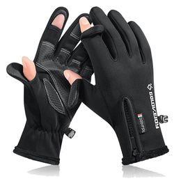 Sports Gloves Winter Fishing Gloves 2 Finger Flip Fingerless Gloves Non-slip Waterproof Warm Winter Gloves for Fishing Cycling Running 230403