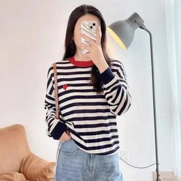 Women's Sweaters 2023 Autumn Women Contrast Color Red Edge Neckline Striped Love Embroidery Knitted Pullover Bottoming Shirt