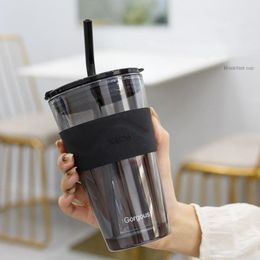 Mugs 350ml 450ml Coffee Cup Bottle Thick Glass Mug Heat-Resistant Milk Juice Drinkware Travel Sealed Non-slip Set Straw