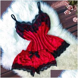 Women'S Sleepwear Womens Women Sexy Lingerie Camisole Bow Shorts V-Neck Tops Veet Pyjamas Babydoll Nightdress Underwear Set Fashion Dhawf