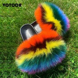 Summer Furry Women Slippers Fluffy Raccoon Fur Sandals Fox Hair Slides Flat Rainbow Flip Flop Fuzzy Shoes Woman Slider T231104