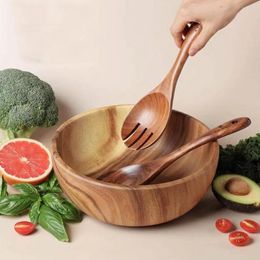 Dinnerware Sets 3Pcs/Set Salad Bowl Wooden Reusable Noodles Japanese Style Burr Free Container With Spoon Fork Cutlery For Home