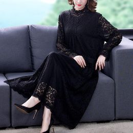 Casual Dresses 2023 Women's Black Lace Dress Long Sleeve Elegant Autumn High-End Lady Stand Collar Retro Fashion Loose Clothing M956